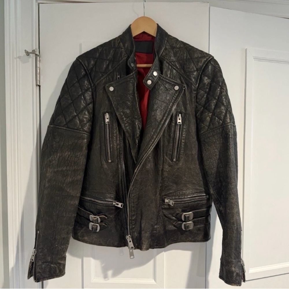 ALLSAINTS Balagna Biker Leather Jacket Black Size Small Quilted Moto
